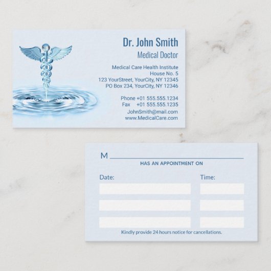 Blue Hermes Rod Caduceus Water Ripples Medical Afsprakenkaartje (Voorkant / Achterkant)