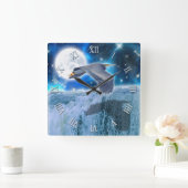 Blue Heron, Full Moon & Waterfall Fantasy Scene Vierkante Klok (Huis)
