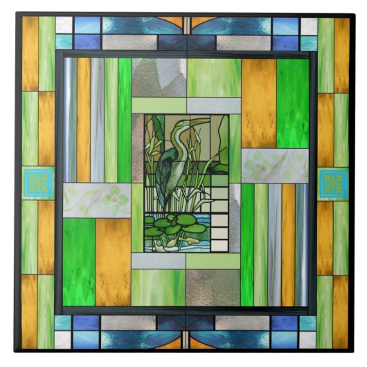 Blue Heron Glas in lood Tegeltje (Voorkant)