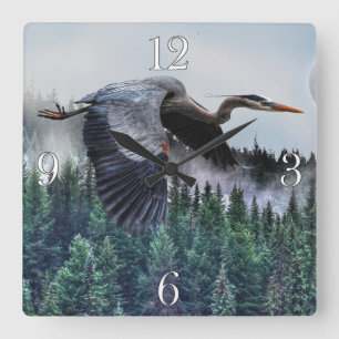 Blue Heron & Misty Forest Wildlife Vierkante Klok
