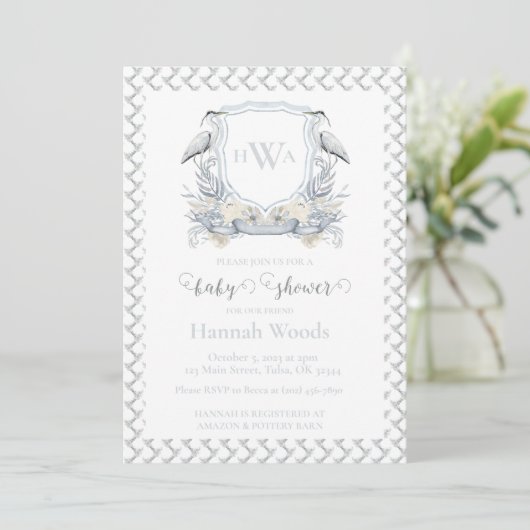Blue Heron Monogram-Baby shower Kaart (Staand voorkant)