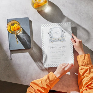 Blue Heron Monogram-Baby shower Kaart