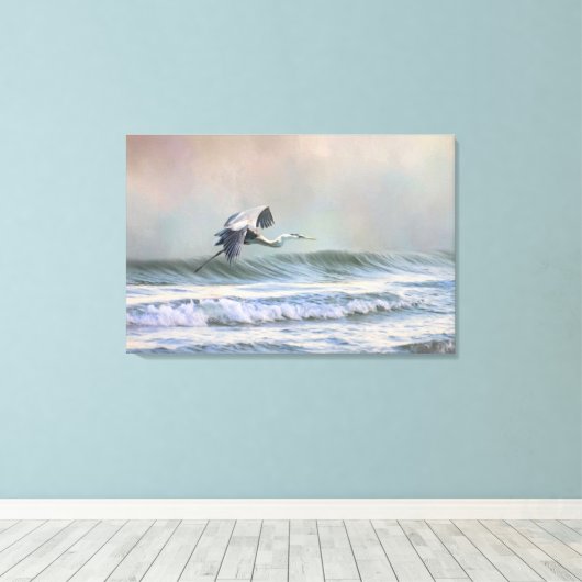Blue Heron op het strand Canvas Afdruk (Insitu (Houten vloer))