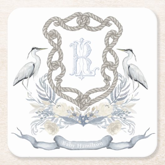 Blue Heron Rope Monogram Crest Kartonnen Onderzetters (Voorkant)