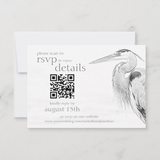 Blue Heron Sketch Wedding QR Code Details en RSVP Kaartje (Voorkant)