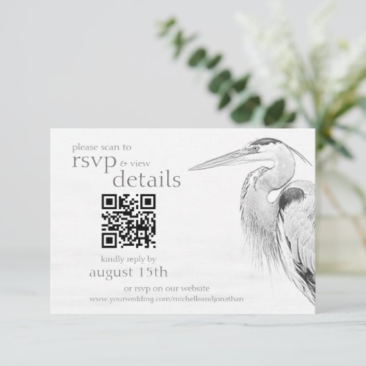Blue Heron Sketch Wedding QR Code Details en RSVP Kaartje (Staand voorkant)