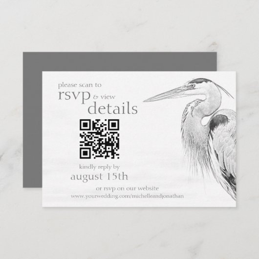 Blue Heron Sketch Wedding QR Code Details en RSVP Kaartje (Voorkant / Achterkant)