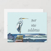 Blue Heron Waterfront Modern Script Nieuw Adres Aankondigingskaart (Voorkant / Achterkant)