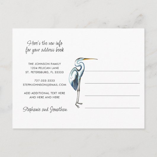 Blue Heron Waterfront Modern Script Nieuw Adres Aankondigingskaart (Achterkant)