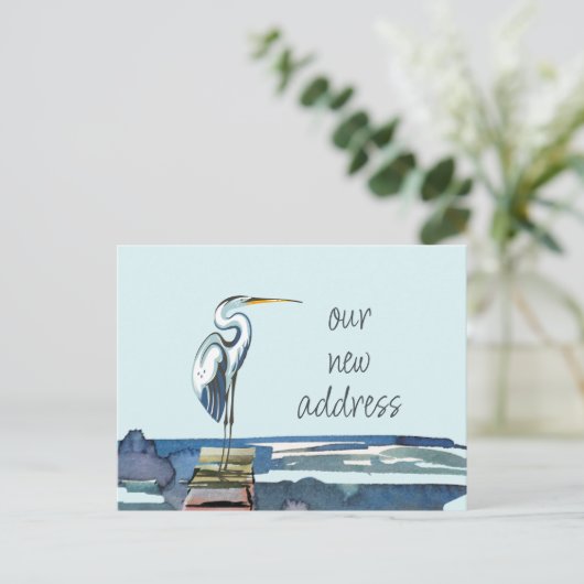 Blue Heron Waterfront Modern Script Nieuw Adres Aankondigingskaart (Staand voorkant)