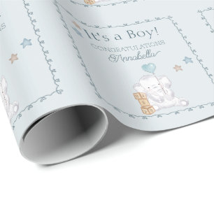 Blue Het is een Boy Baby Olifant Waterverf Cadeaupapier