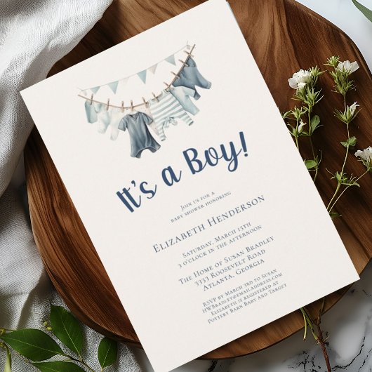 Blue Het is een Boy Clothesline Baby shower Kaart