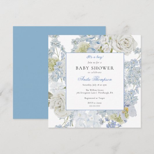 Blue Het is een Boy Floral Bow Baby shower Kaart (Voorkant / Achterkant)