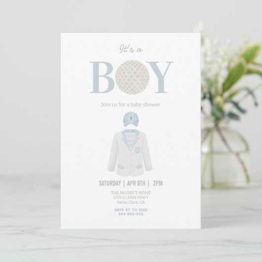 Blue het is een jongen golf thema baby shower uitn kaart (Staand voorkant)