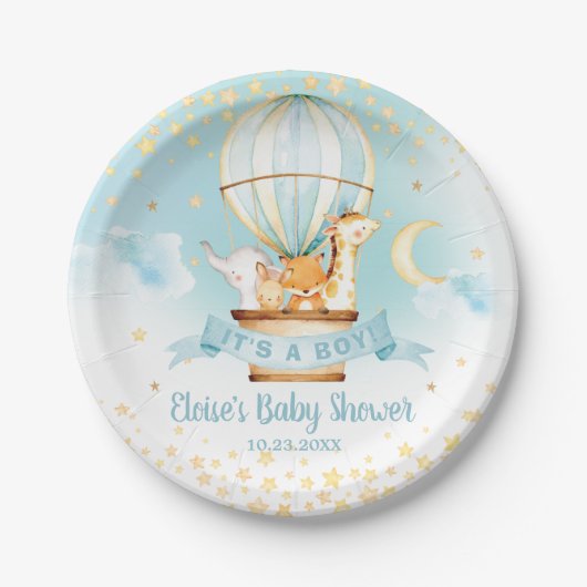 Blue Hete Luchtballon Leuke Dieren Jongen Baby sho Papieren Bordje (Voorkant)