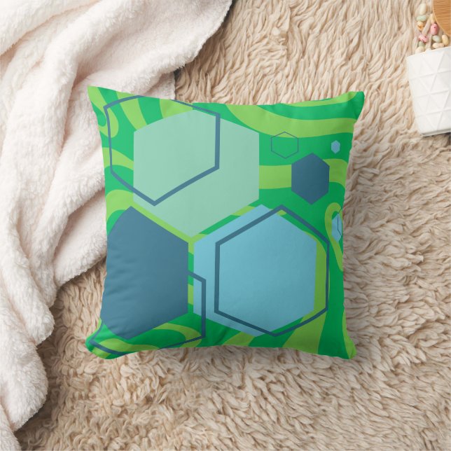 Blue Hexagon Green Wave Abstract Sierkussen (Deken)