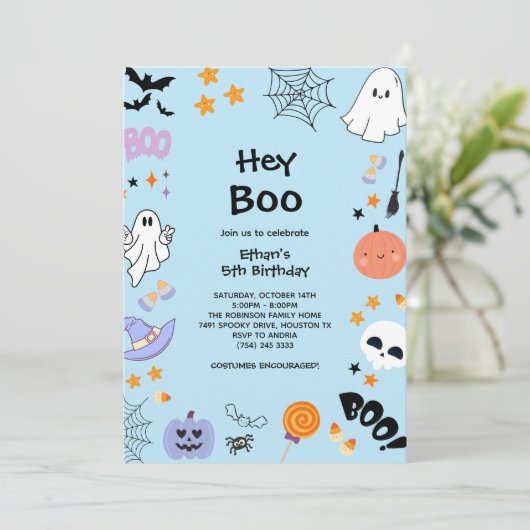 Blue Hey Boo Schattige Ghost Halloween 5e Verjaard Kaart (Staand voorkant)
