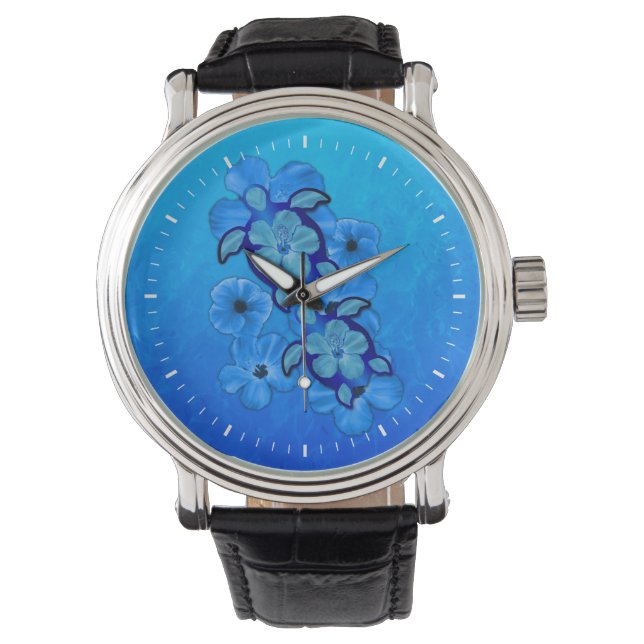 Blue Hibiscus en Honu Turtles Horloge (Voorkant)