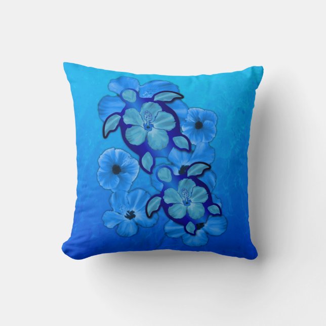 Blue Hibiscus en Honu Turtles Kussen (Voorkant)