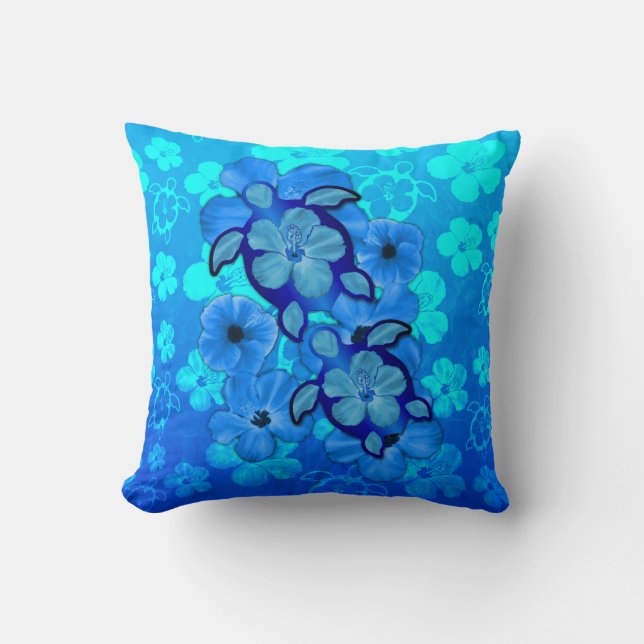 Blue Hibiscus en Honu Turtles Kussen (Voorkant)