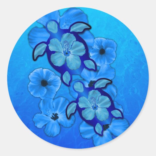Blue Hibiscus en Honu Turtles Ronde Sticker (Voorkant)