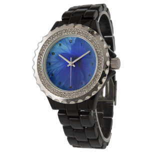Blue Hibiscus Flower Rhinestone Black Enamel Watch Horloge