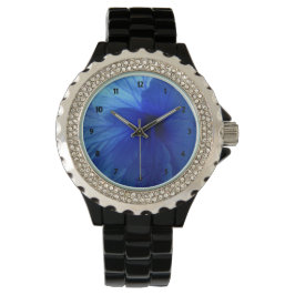 Blue Hibiscus Flower Rhinestone Black Enamel Watch Horloge