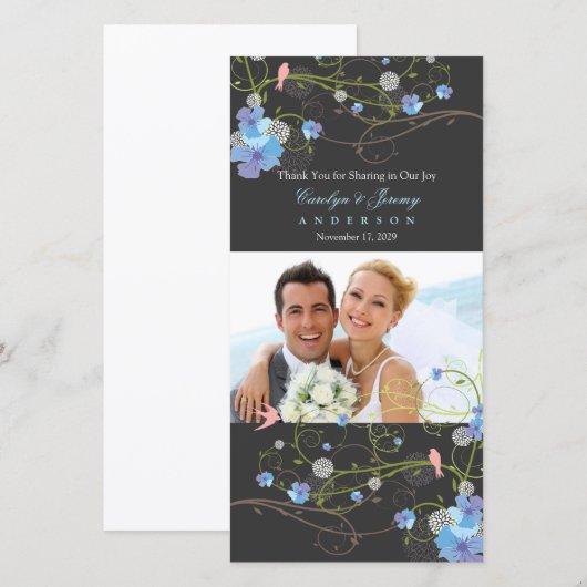 Blue Hibiscus & Swallows Chic Floral Wedal Foto Bedankkaart (Voorkant / Achterkant)