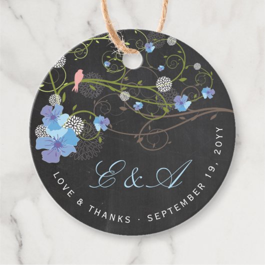 Blue Hibiscus & Swallows Floral Chalkboard Wedding Bedankjes Labels (Voorkant)