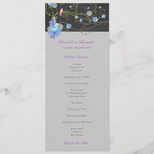 Blue Hibiscus & Swallows Floral Chalkboard Wedding Programmakaart (Voorkant)