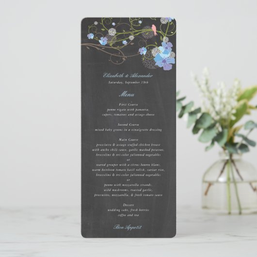 Blue Hibiscus & Swallows Floral Chalkboard Wedding Programmakaart (Staand voorkant)