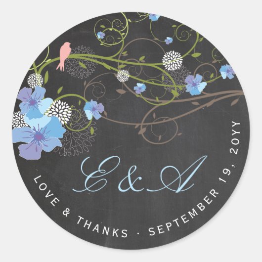 Blue Hibiscus & Swallows Floral Chalkboard Wedding Ronde Sticker (Voorkant)