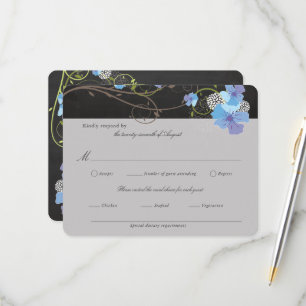 Blue Hibiscus & Swallows Floral Chalkboard Wedding RSVP Kaartje