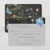 Blue Hibiscus & Swallows Floral Chalkboard Wedding RSVP Kaartje (Voorkant / Achterkant)