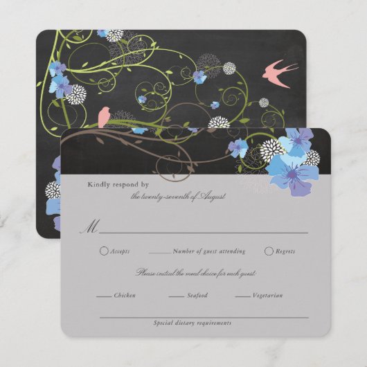 Blue Hibiscus & Swallows Floral Chalkboard Wedding RSVP Kaartje (Voorkant / Achterkant)