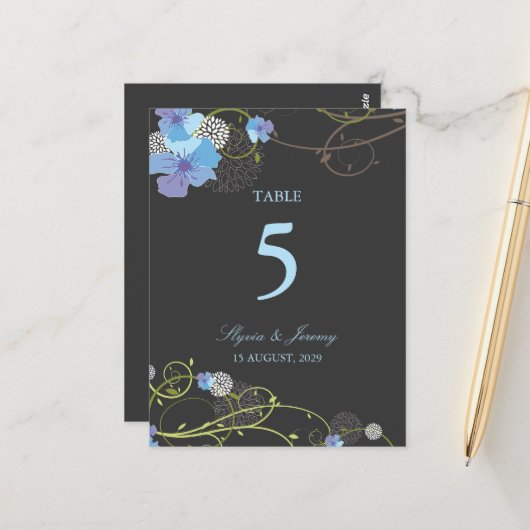 Blue Hibiscus Swallows Floral Wedding Table Number Briefkaart (Voorkant / Achterkant in situ)