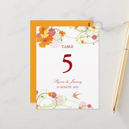 Blue Hibiscus Swirls & Swallows Floral Wedding Briefkaart (Voorkant / Achterkant in situ)