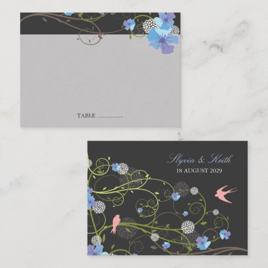 Blue Hibiscus Swirls & Swallows Floral Wedding Plaatskaartje (Voorkant / Achterkant)