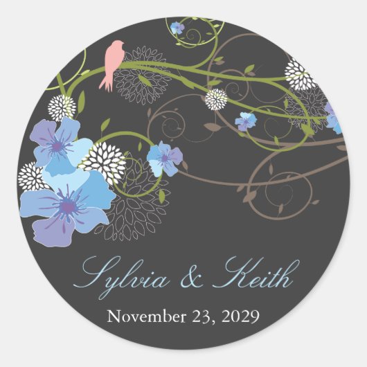 Blue Hibiscus Swirls & Swallows Floral Wedding Ronde Sticker (Voorkant)