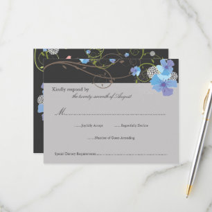 Blue Hibiscus Swirls & Swallows Floral Wedding RSVP Kaartje