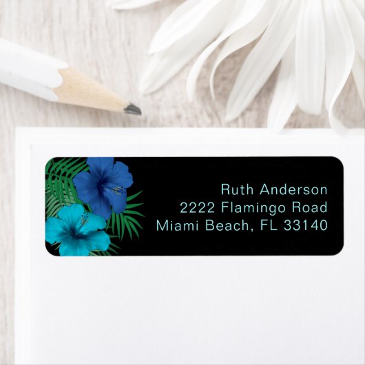 Blue Hibiscus Tropical Greenery Return Address Etiket (Insitu)