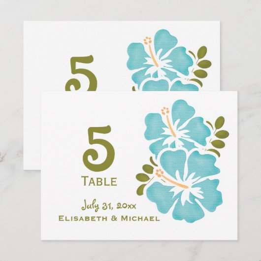 Blue Hibiscus Trouwreceptie Tafelnummer Kaarten (Voorkant / Achterkant)