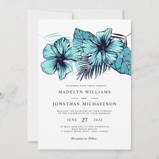 Blue Hibiscus Wedding Invitation Kaart (Voorkant)