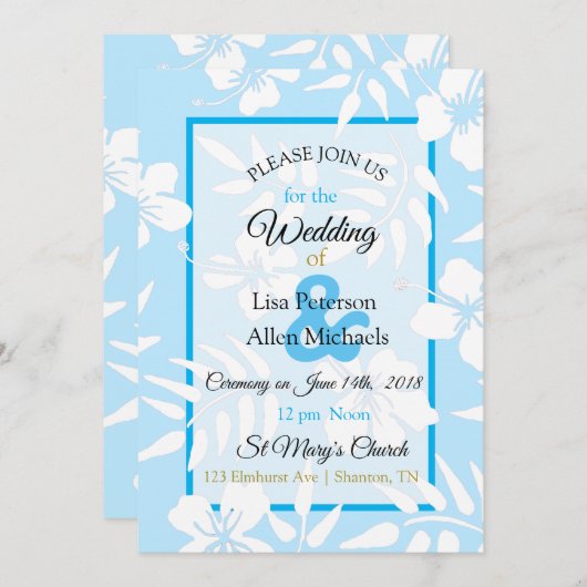 Blue Hibiscus Wedding Invitation Kaart (Voorkant / Achterkant)
