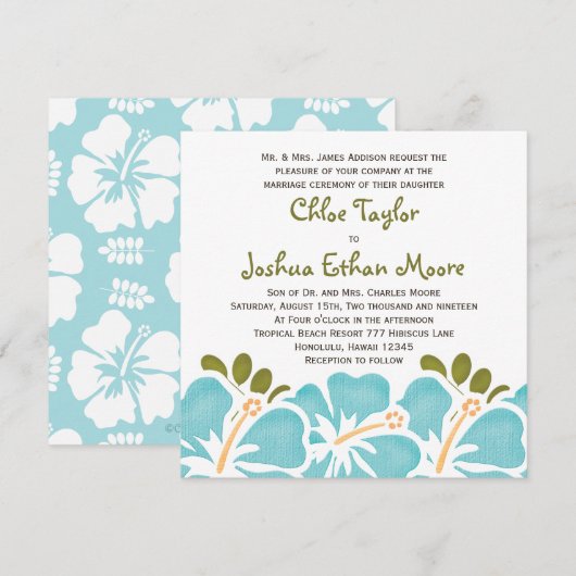 Blue Hibiscus Wedding Invitations Kaart (Voorkant / Achterkant)