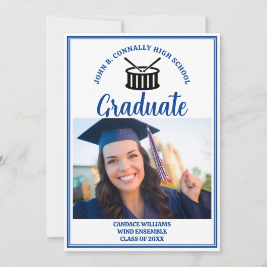 Blue High School Band Foto Afstuderen Aankondiging (Voorkant)