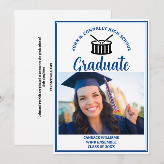 Blue High School Band Foto Afstuderen Aankondiging (Voorkant / Achterkant)