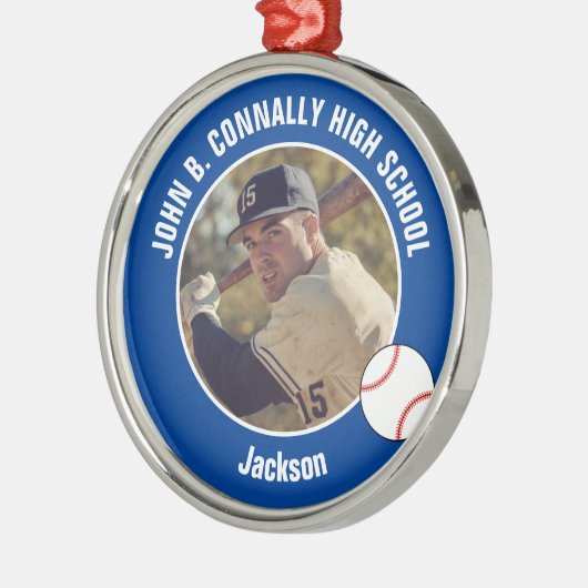 Blue High School Baseball Player Photo Christmas Metalen Ornament (Links)