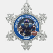 Blue High School Football Player Foto Aangepast Tin Sneeuwvlok Ornament (Voorkant)