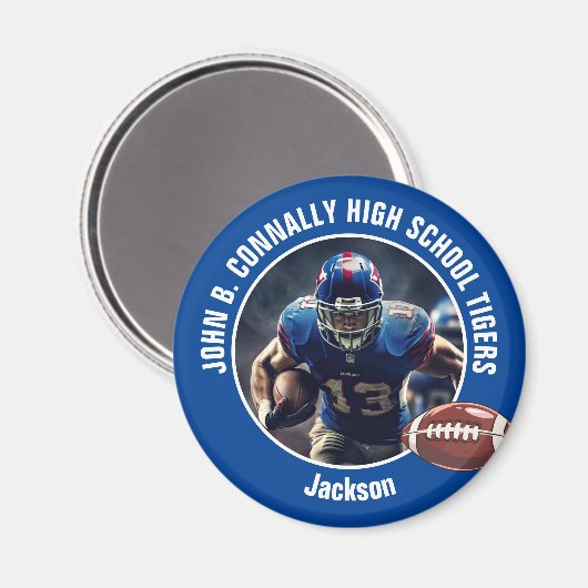 Blue High School Football Player Foto Magneet (Voorkant / Achterkant)